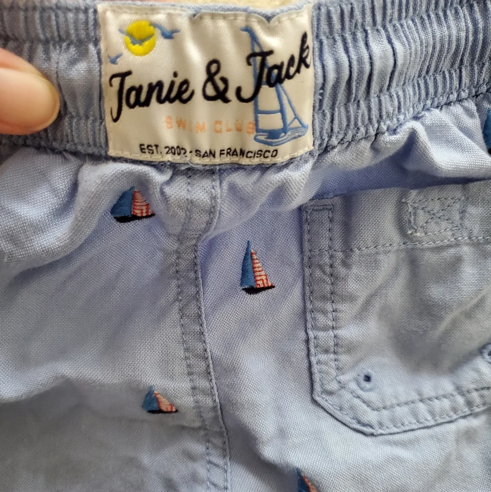 Janie and Jack Boys' Blue Embroidered Sailboat Swim Trunks sz18-24m